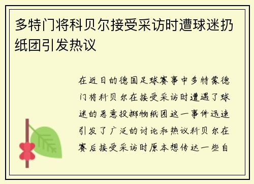 多特门将科贝尔接受采访时遭球迷扔纸团引发热议